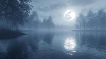 A full moon is reflected in the water at night photo