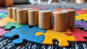 A colorful puzzle piece with wooden blocks on top photo