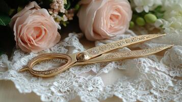 A pair of scissors sitting on a lace table photo