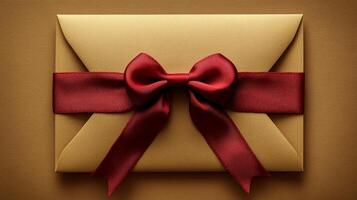 A golden envelope with a red bow on top photo