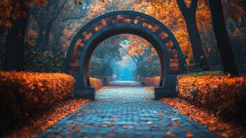 An archway in the middle of a park with autumn leaves photo