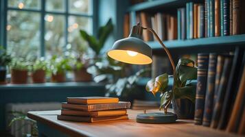 A lamp is on a desk in front of bookshelves photo