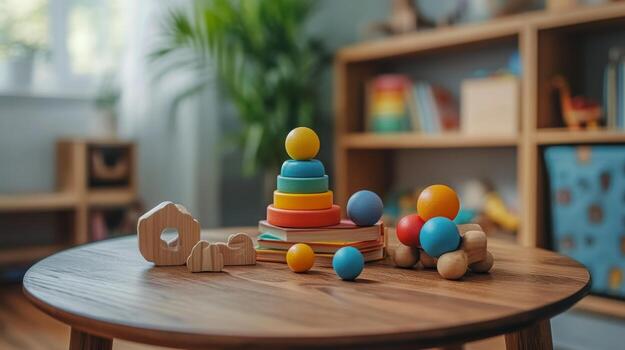 A wooden table with colorful toys on it photo