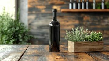 A bottle of wine sits on a wooden table photo