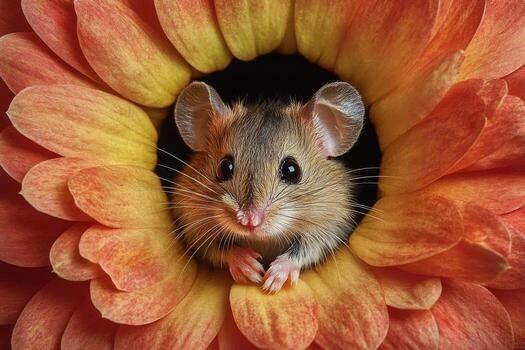 A mouse is peeking out from the center of a flower photo