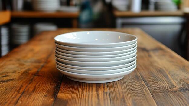 A stack of white plates on a wooden table photo