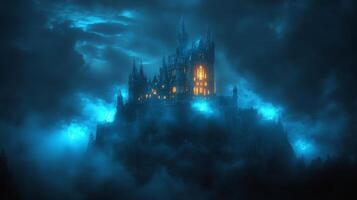 A castle in the dark with blue lights photo