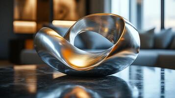 A modern sculpture on a table in a living room photo