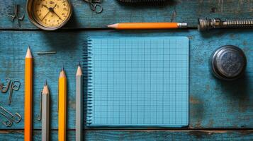 A notebook, pencils, and other school supplies on a wooden table photo