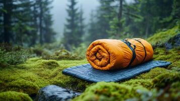 A sleeping bag on a mossy hill in the woods photo