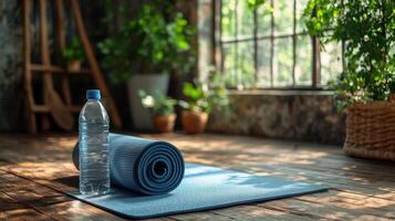 A yoga mat and water bottle on a wooden floor photo