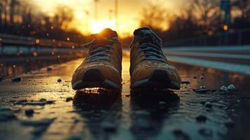 A pair of running shoes on a wet road at sunset photo