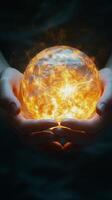 A person holding a glowing orb with fire in their hands photo