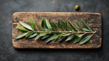 Olive branch on a wooden cutting board with olives on the side photo