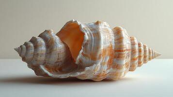 A shell is shown on a white surface photo