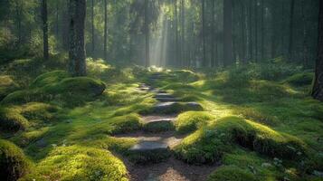 A path through a forest with mossy rocks photo