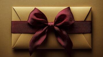 A gold gift box with a red bow on top photo