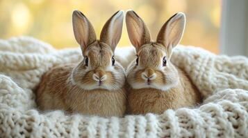 Two rabbits sitting in a blanket photo