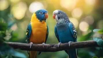 Two parrots sitting on a branch with green leaves photo
