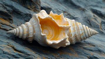 A shell is sitting on top of a rock photo