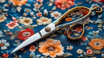 A pair of scissors laying on a floral patterned fabric photo