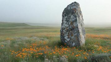 A large rock in a field of flowers photo
