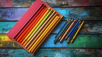 Colorful pencils on a wooden table photo