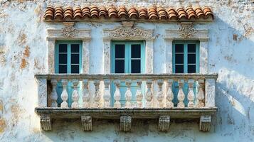 A white wall with a balcony and a window photo