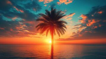 A palm tree stands in front of the ocean at sunset photo
