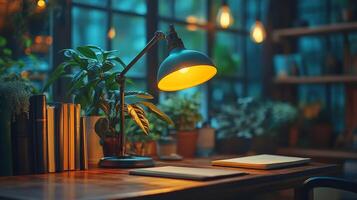 A desk with a lamp and books on it photo