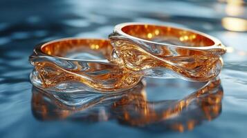 Two gold wedding rings on a surface with water photo