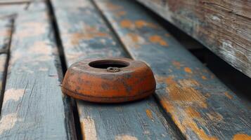 A rusty orange object sitting on a wooden bench photo