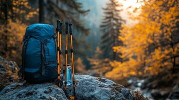 A backpack and hiking poles sit on a rock in the woods photo