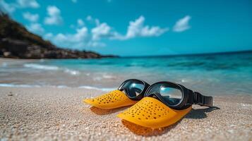 A pair of goggles and a pair of yellow rubber duckies on the beach photo