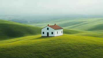 A small house sits on top of a green hill photo