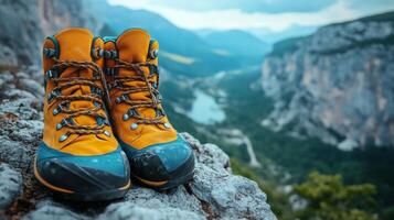 Hiking boots on a mountain top photo