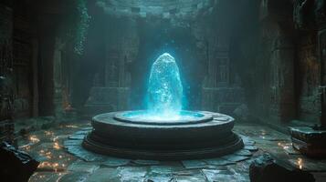 The water fountain in the temple is glowing blue photo