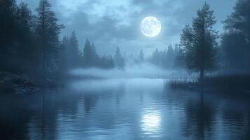 A full moon is shining over a lake in the woods photo