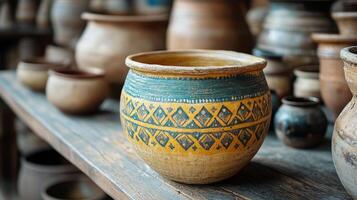 A row of vases on a wooden shelf photo