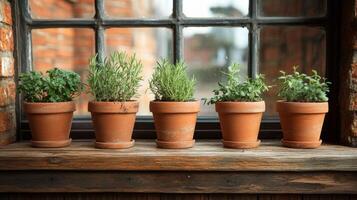 Five pots of herbs are lined up on a window sill photo