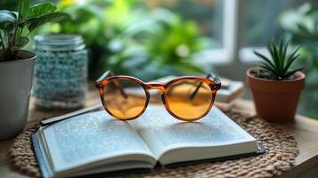 Glasses on book and potted plant photo