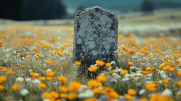 A tombstone in a field of flowers photo