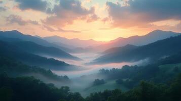 A beautiful sunrise over a valley with fog photo