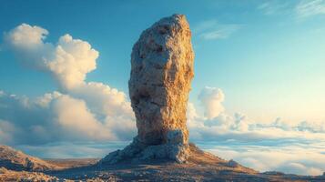 A rock in the middle of the sky with clouds photo