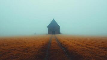 A church in the fog on a field photo