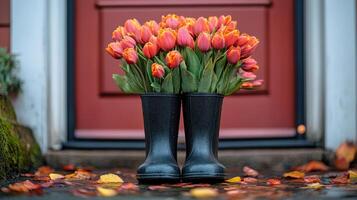 A pair of black rubber boots with a bouquet of tulips photo