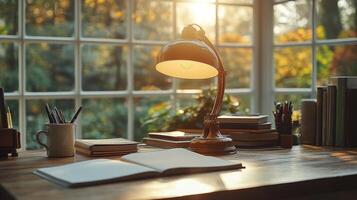 A lamp sits on a desk near a window photo