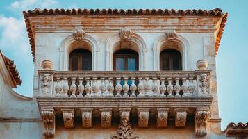 A balcony with ornate balconies and windows photo