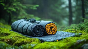 A sleeping bag and sleeping pad on the ground photo