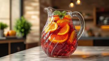 A pitcher of red and orange juice sitting on a counter photo